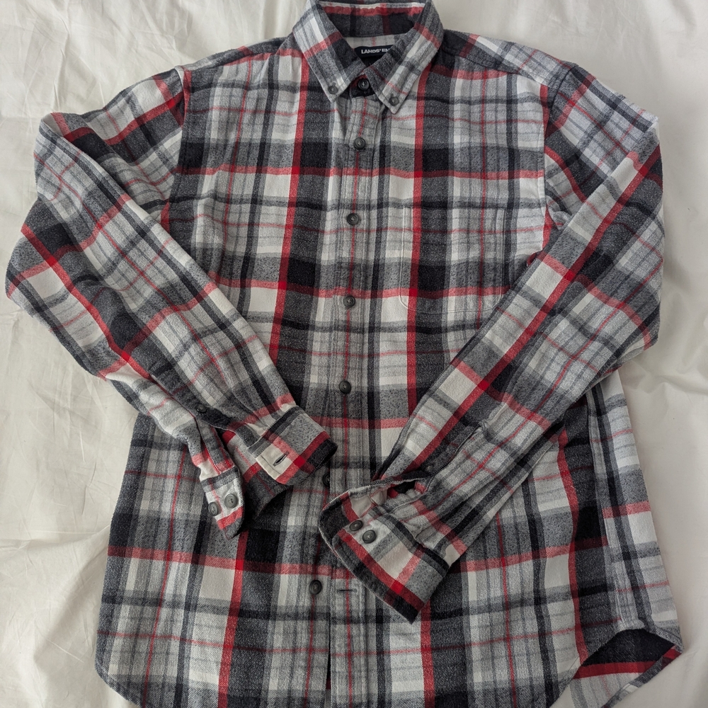 Lands' End Men's Casual Plaid Shirt - Black, Red, White